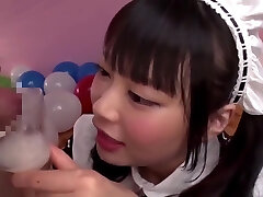 Airi Natsume Looking Cool A In Maid Costume Guzzles Cum From A Glass