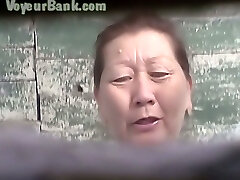 Unshaved slit of a mature Asian lady in the public toilet room