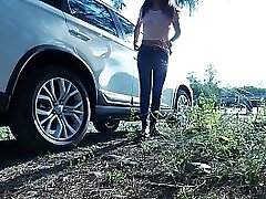 Piss Stop - Urgent Outdoor Roadside Pee and Cock Deep-throating by Asian Girl Tina in Blue Denim