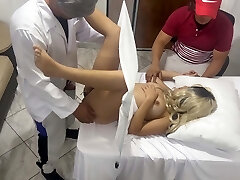 Pervert Poses as a Gynecologist Medic to Fuck the Beautiful Wife Next to Her Dumb Husband in an Erotic Medical Consultation