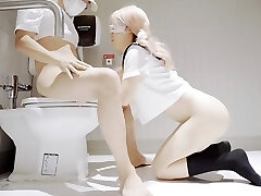Lovely Blonde Asian School Girl Skips Classes To Fuck With Her Boyfriend In the Toilet