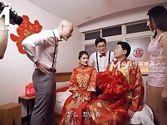 Sweet asian teen gets shared by two lustful guys in sofa after the wedding Sweet asian teen gets shared by two lustful guys in sofa after the wedding