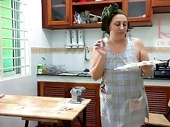 Ravioli Time! Naked Cooking. Regina Noir, a nudist cook at naturist hotel resort. Nude maid. Naked hou