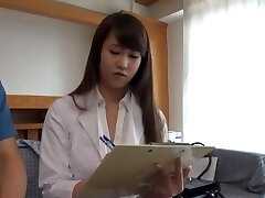 Clothed lovemaking in missionary with a horny Japanese nurse with natural milk cans
