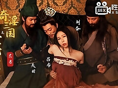 Busty hot Asian wife with fantastic costume play dress have her first time gang sex with three big cocks