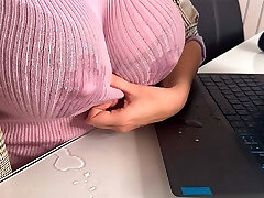 Super Hot Step Mother Seduces Step Son in the office, shows him milky nipples and Makes big cock Handjob