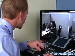 Huge-chested office cfnm stunners cockriding in trio