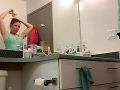 Hidden Camera- slim school athlete cleaning bathroom then showering