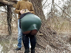 Squeezing my mother in law's hefty ass in a leather mini-skirt before she helps me urinate outside