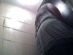 Brown-haired curvaceous amateur woman in the toiletroom flashes her huge booty