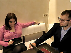 She tears up her boss and drinks his cum in the kitchen