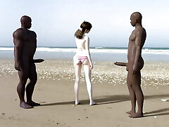 White girl gets blacked on the beach by 2 big black cock men