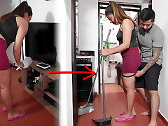 The maid did not hope this to happen to her on her very first day at work.