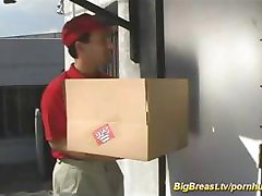 Busty blonde calls for delivery and pays him with some hot fucking