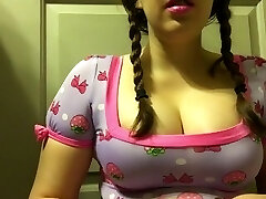 Chubby Brunette Teen with Big Natural Mammories Smoking in Pigtails
