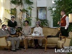 Vintage looking brunette maid serves her landlord with blowjob