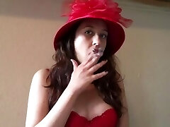 Gorgeous Goddess D Smoking VS 120 Vintage Style Red Hat and Bra Red Lipstick