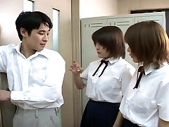 Two Japanese school girl spitting on instructor