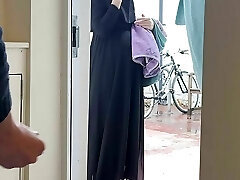Scared BUT CURIOUS! Muslim knocked up neighbour in niqab caught me jerking off and asked me to let her touch my uncut man-meat