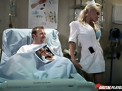 Tight nurse bombshell sucks his cock rock-hard and gets pounded on