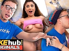FAKEhub - Hot Indian British model slurps the cum of dorks glasses after he blows a load on his own face