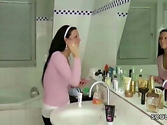 German Step-Sister Caught in Bathroom and Helps with Handjob