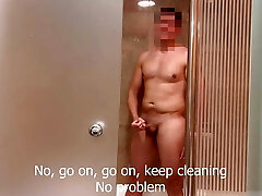 I surprise the hotel room service cleaning girl in the bathroom and she helps me conclude cumming