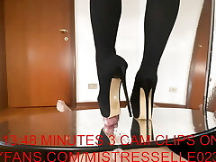 Mistress Elle in high stilettos thigh boots smash her slaves cock