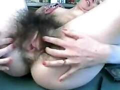 Josephine spreads her very hairy pussy