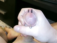 Masturbating My Hard Pierced Cock With Jizz Shot With Closeup On Piercings