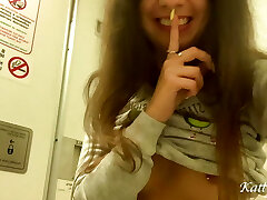 Risky masturbation and pissing in the airplane wc