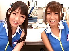 Pretty cheerleader with long hair milking passionately in the office