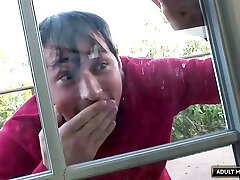 Spying guy invited in to pummel the cute cheerleader