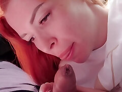 Amateur POV video of a shy redhead sucking a dick in the truck