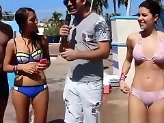 Short hair girl in pink bikini cameltoe