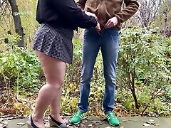 Milf's new blue undies under a short skirt outdoors