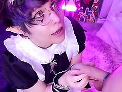 Charming femboy maid gives a deep throat without happy ending