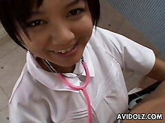 Asian nurse is sucking and titty banging the cock