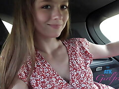 Car sex and naughty ride with Mira Monroe amateur in back seat blowjob filmed POV