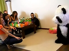 Hot brunette rides a meaty lollipop at drunk party