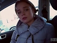 Debt4k. Cutie Calibri Angel blows agent in his car and has anal with him fuck-a-thon indoors