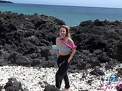 Fleshy chick Summer Vixen walks on the beach with her bf