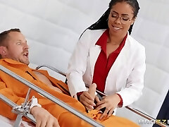 Horny and hot black doctor flashes her tits before patient bangs her mish