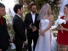 Blind folded bride Natasha Starr is plumbed by groom and several fellows