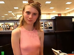 Fine teen, Sharlotte is rubbing her perfectly smooth-shaven pussy, while her guy is having a trip