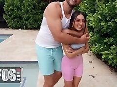Petite girl and huge man playing naughty by the pool Petite girl and huge man playing naughty by the pool