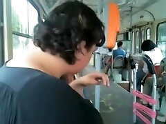 Chubby man is flashing his dick in the public transport