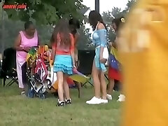 Sexy bootie shorts movie of a busty chick enjoying a festival