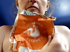 Convenience eating! Heartbroken Rachel Wriggler struggles to hold back the tears as she munches Popeyes for breakfast at 6pm