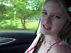 Fresh blonde babe, Melody Marks was playing with her tits while her bf was driving